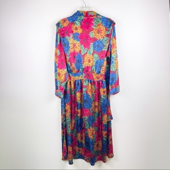 Vintage Beth Michaels Satin Floral Red Blue Green Bold Kimono Robe Size M/L - Picture 2 of 6
